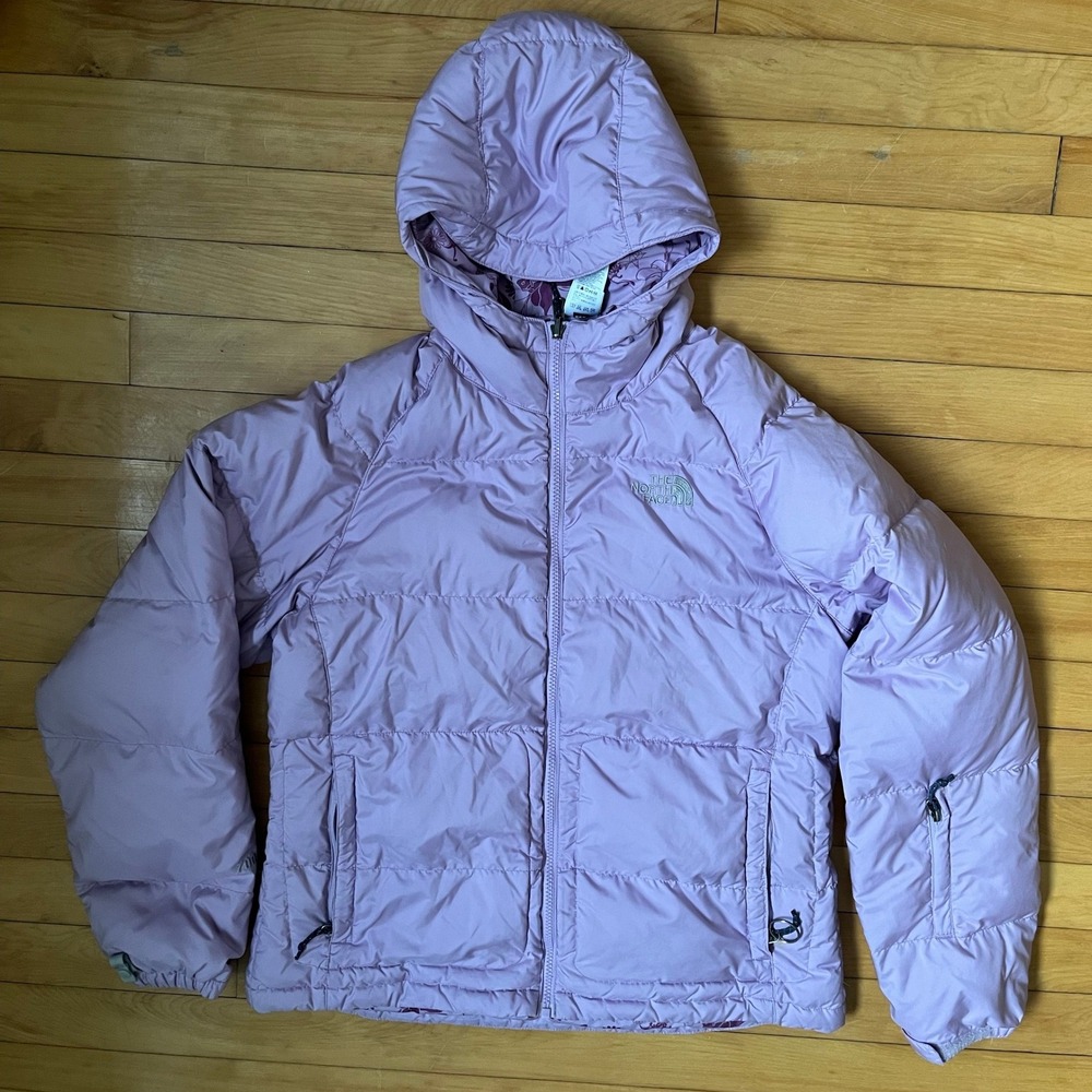 The North Face Womens Lavender Purple Hooded Goose Down Puffer Jacket Large